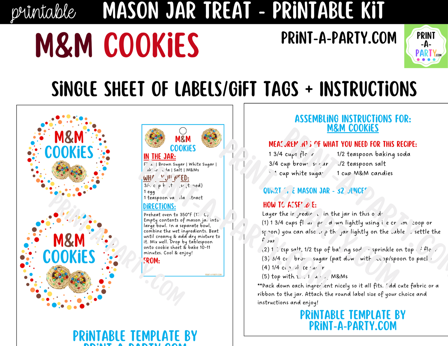 M&M Cookies in a Mason Jar Gift Printable Kit - Labels, Tag, Recipe & Instructions