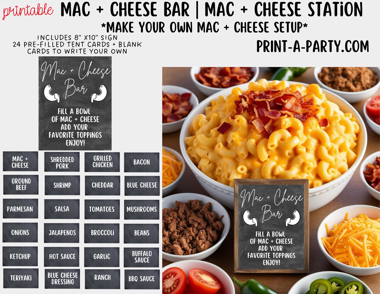 Mac and Cheese Bar - Printable Sign & Toppings Tent Cards - Perfect for Birthdays, Buffets, Showers, Parties, or Holidays