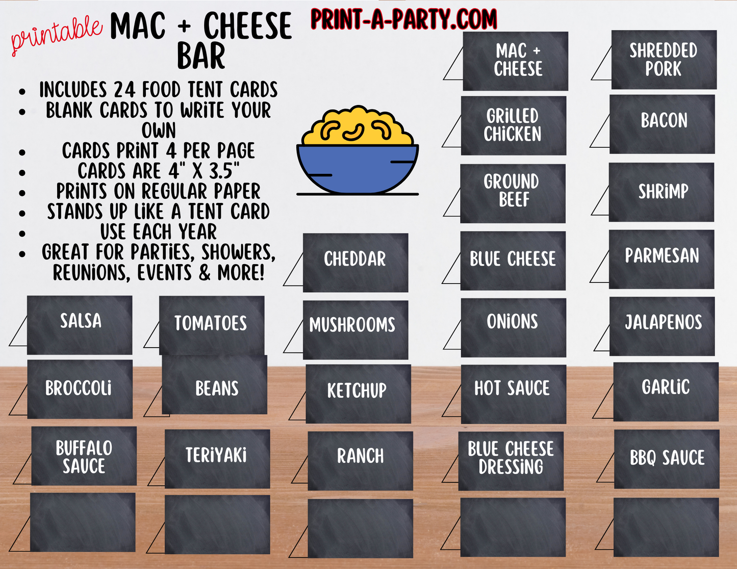 Mac and Cheese Bar - Printable Sign & Toppings Tent Cards - Perfect for Birthdays, Buffets, Showers, Parties, or Holidays