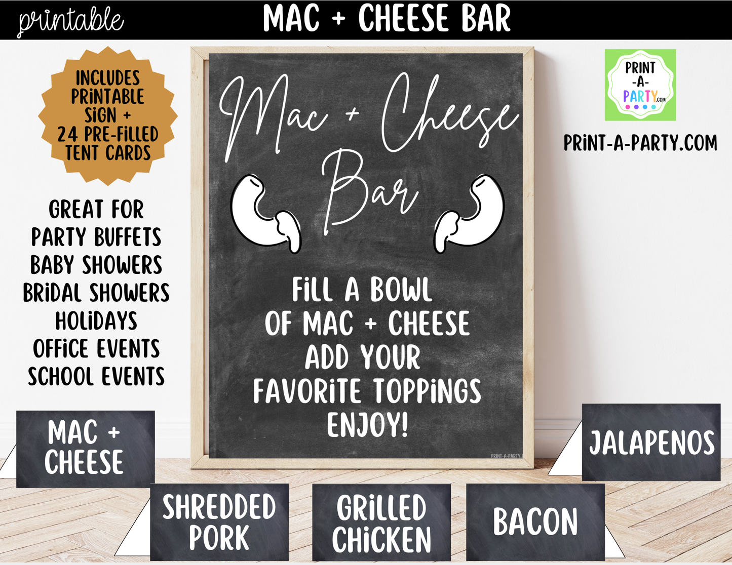 Mac and Cheese Bar - Printable Sign (8x10) & Toppings Tent Cards - For Party Buffets