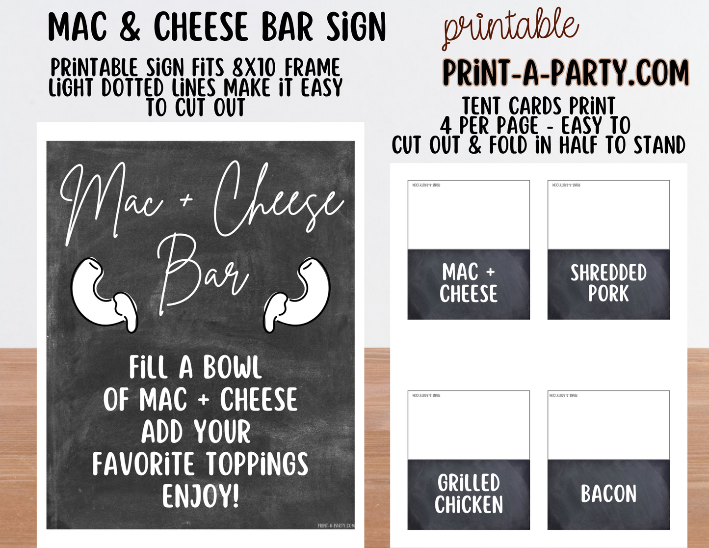 Mac and Cheese Bar - Printable Sign (8x10) & Toppings Tent Cards - For Party Buffets
