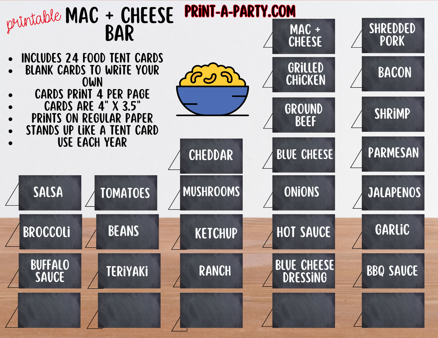 Mac and Cheese Bar - Printable Sign (8x10) & Toppings Tent Cards - For Party Buffets