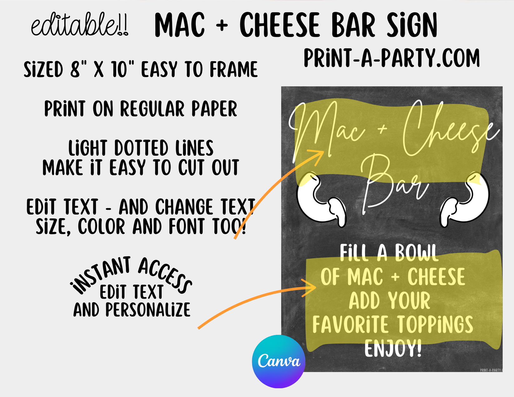 Editable MAC & CHEESE BAR - Chalkboard Sign and Toppings Labels Templa ...