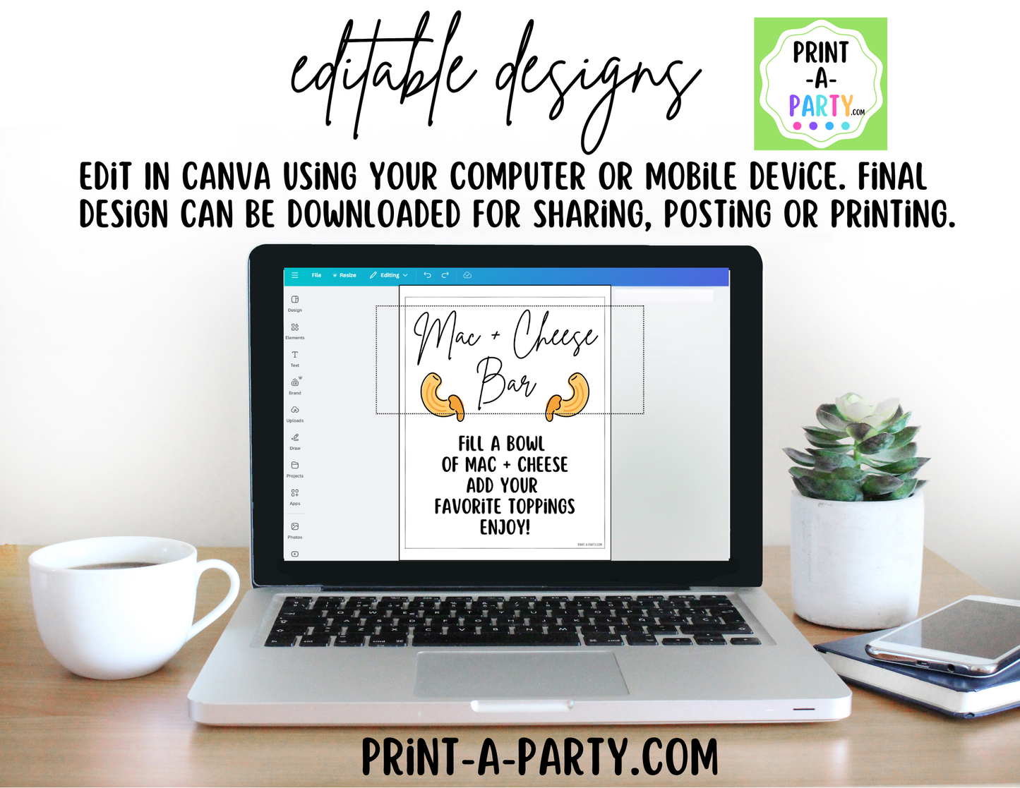 Editable Mac and Cheese Bar Printable Sign (8x10) and Topping Tent Cards - Printable Food Station for Parties and Events