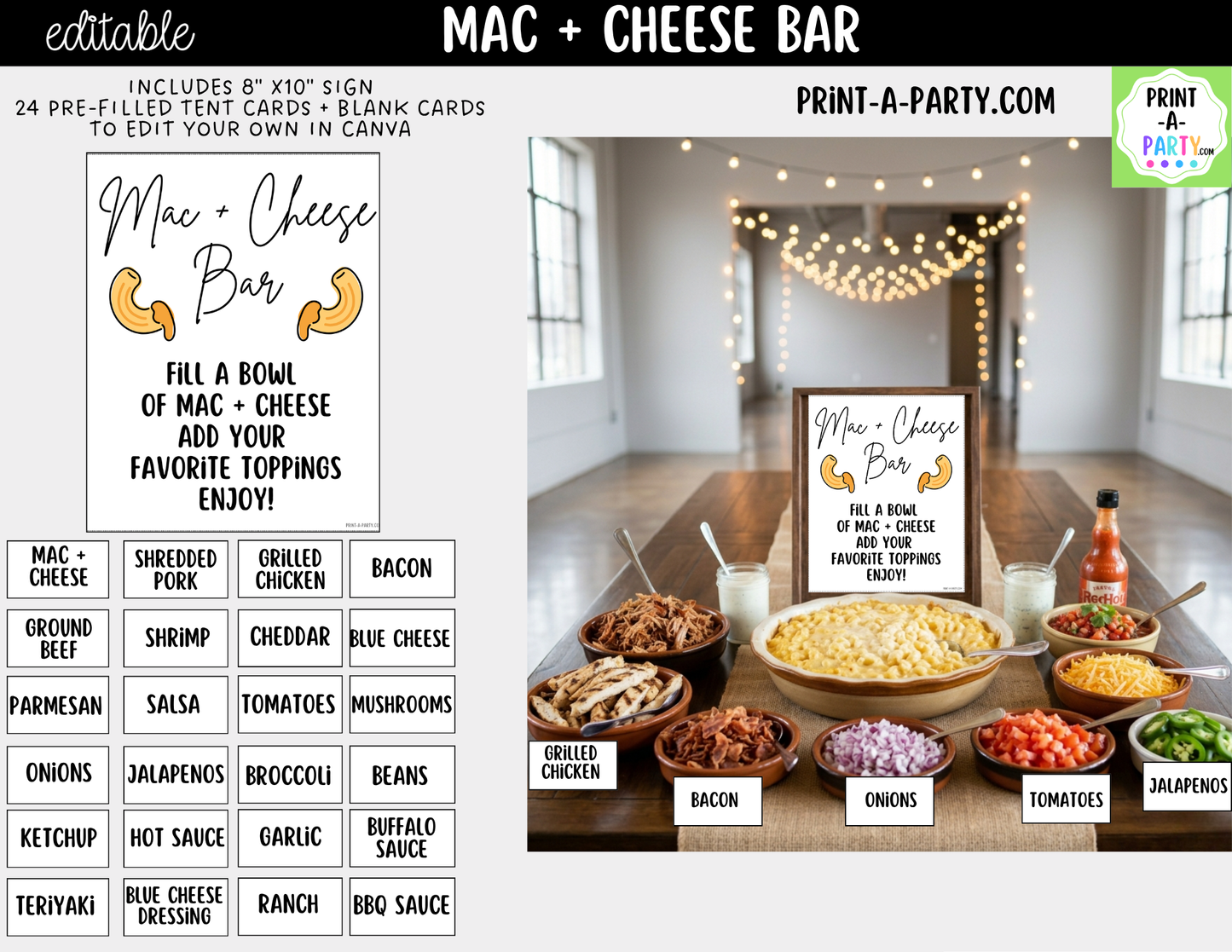 Editable Mac and Cheese Bar Printable Sign (8x10) and Topping Tent Cards - Printable Food Station for Parties and Events