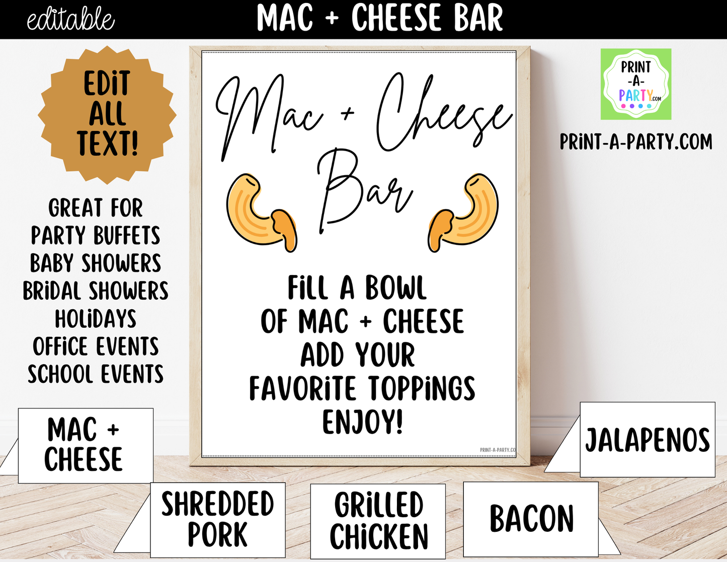 Editable Mac and Cheese Bar Printable Sign (8x10) and Topping Tent Cards - Printable Food Station for Parties and Events