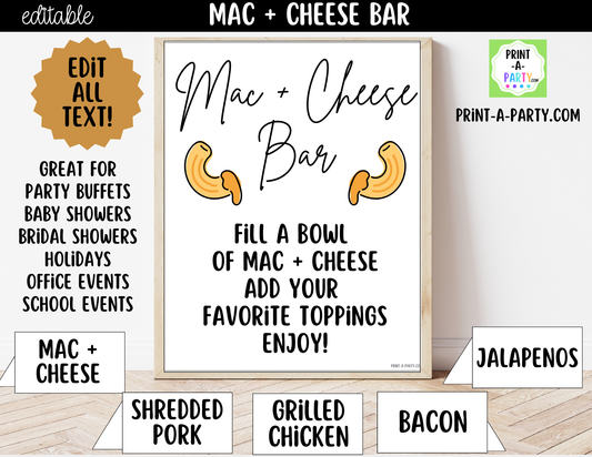 Editable Mac and Cheese Bar Printable Sign (8x10) and Topping Tent Cards - Printable Food Station for Parties and Events
