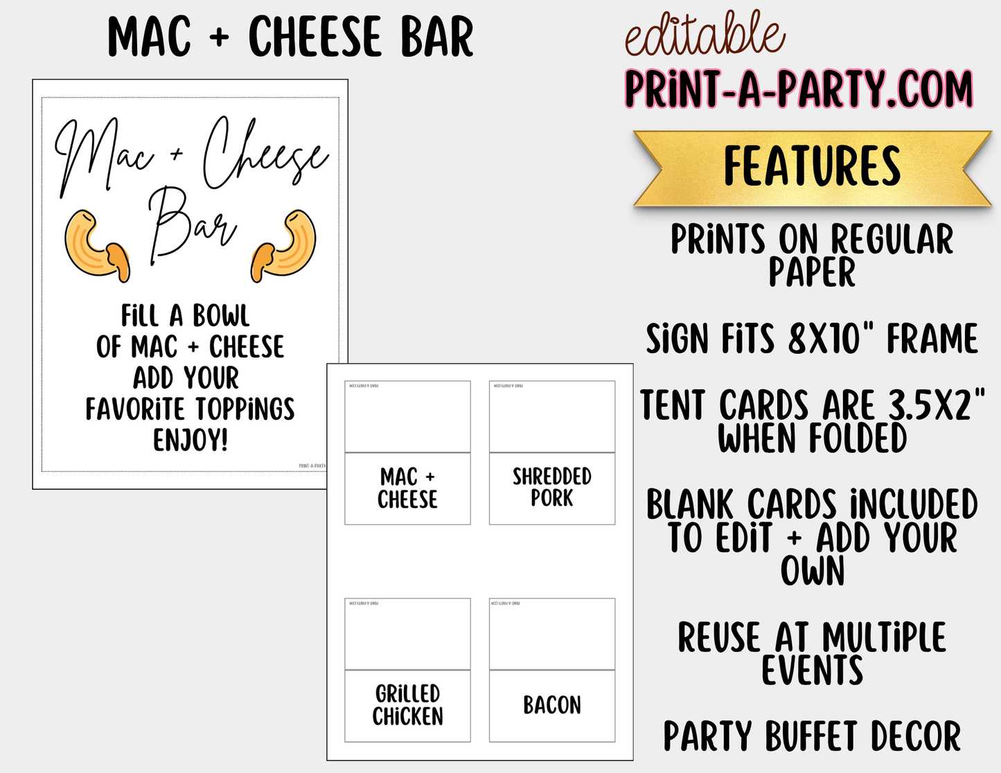 Editable Mac and Cheese Bar Printable Sign (8x10) and Topping Tent Cards - Printable Food Station for Parties and Events