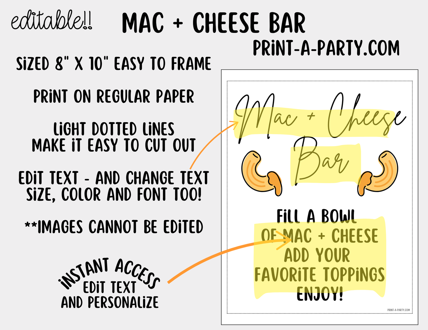 Editable Mac and Cheese Bar Printable Sign (8x10) and Topping Tent Cards - Printable Food Station for Parties and Events