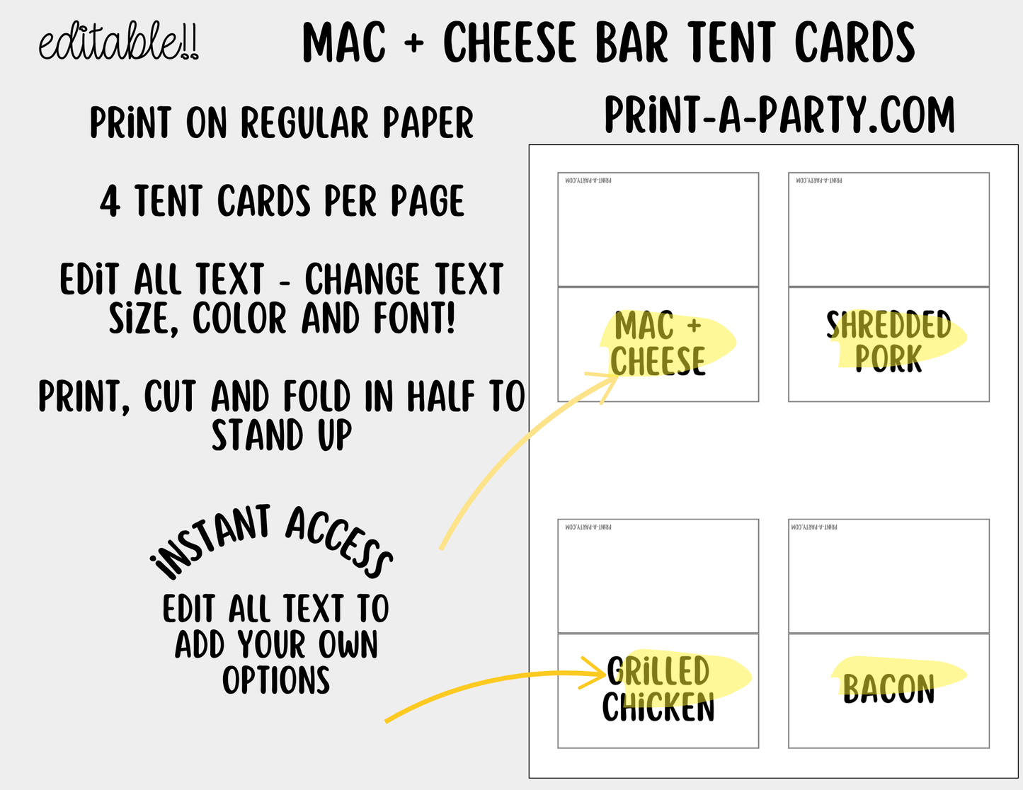 Editable Mac and Cheese Bar Printable Sign (8x10) and Topping Tent Cards - Printable Food Station for Parties and Events