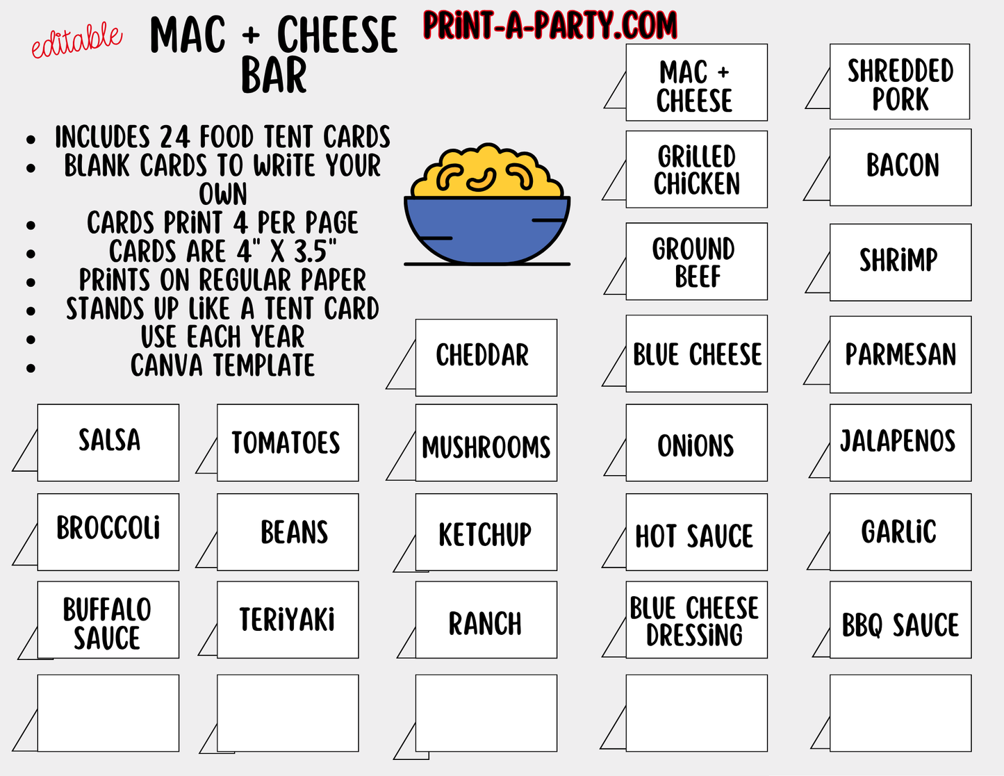 Editable Mac and Cheese Bar Printable Sign (8x10) and Topping Tent Cards - Printable Food Station for Parties and Events