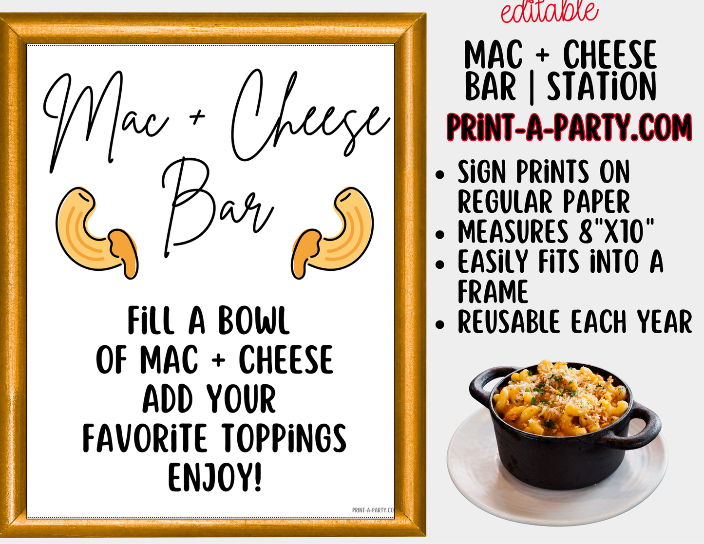 Editable Mac and Cheese Bar Printable Sign (8x10) and Topping Tent Cards - Printable Food Station for Parties and Events