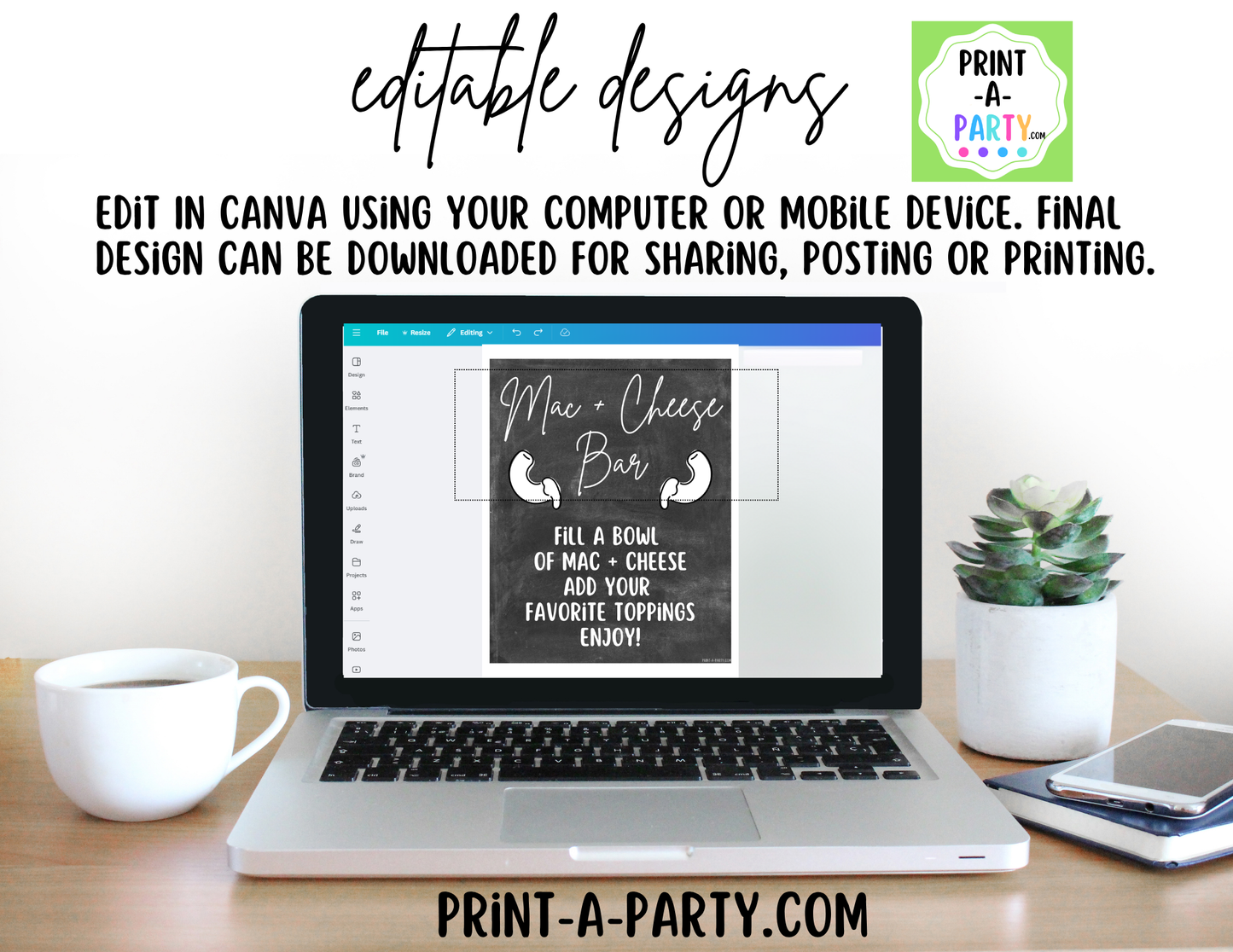 Editable Mac and Cheese Bar Printable Sign (8x10) and Topping Tent Cards - Printable Food Station for Parties and Events