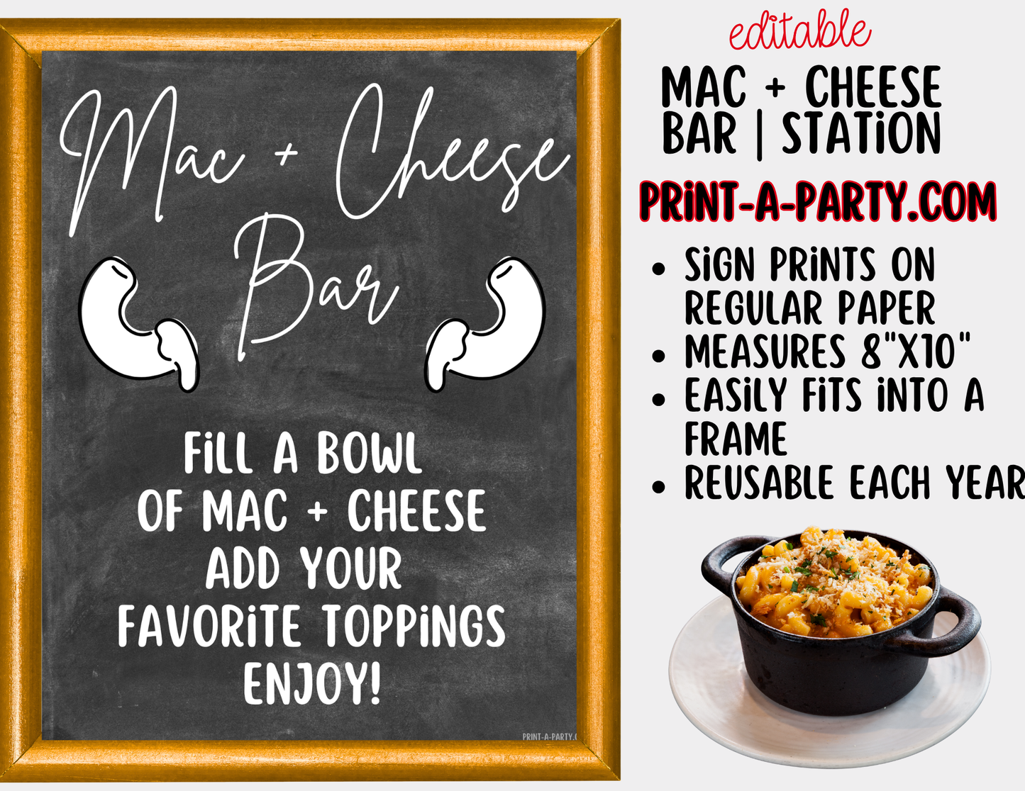 Editable Mac and Cheese Bar Printable Sign (8x10) and Topping Tent Cards - Printable Food Station for Parties and Events