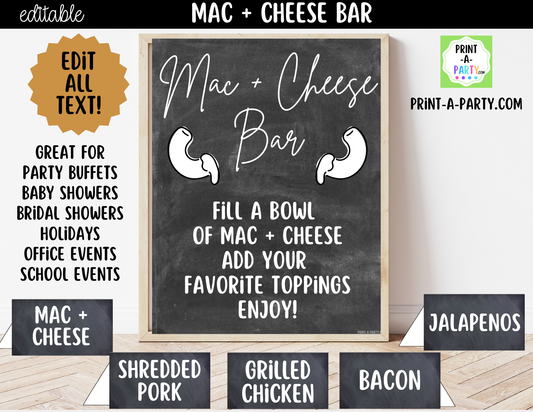 Editable Mac and Cheese Bar Printable Sign (8x10) and Topping Tent Cards - Printable Food Station for Parties and Events