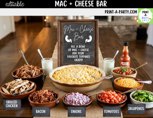 Editable Mac and Cheese Bar Printable Sign (8x10) and Topping Tent Cards - Printable Food Station for Parties and Events