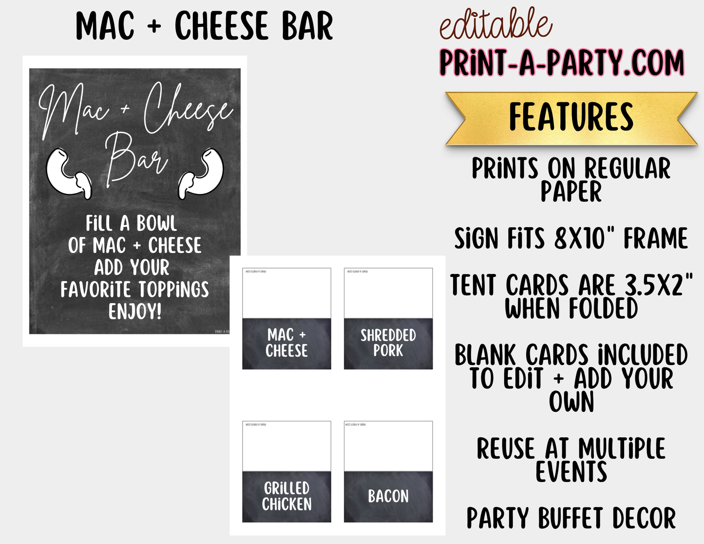 Editable Mac and Cheese Bar Printable Sign (8x10) and Topping Tent Cards - Printable Food Station for Parties and Events