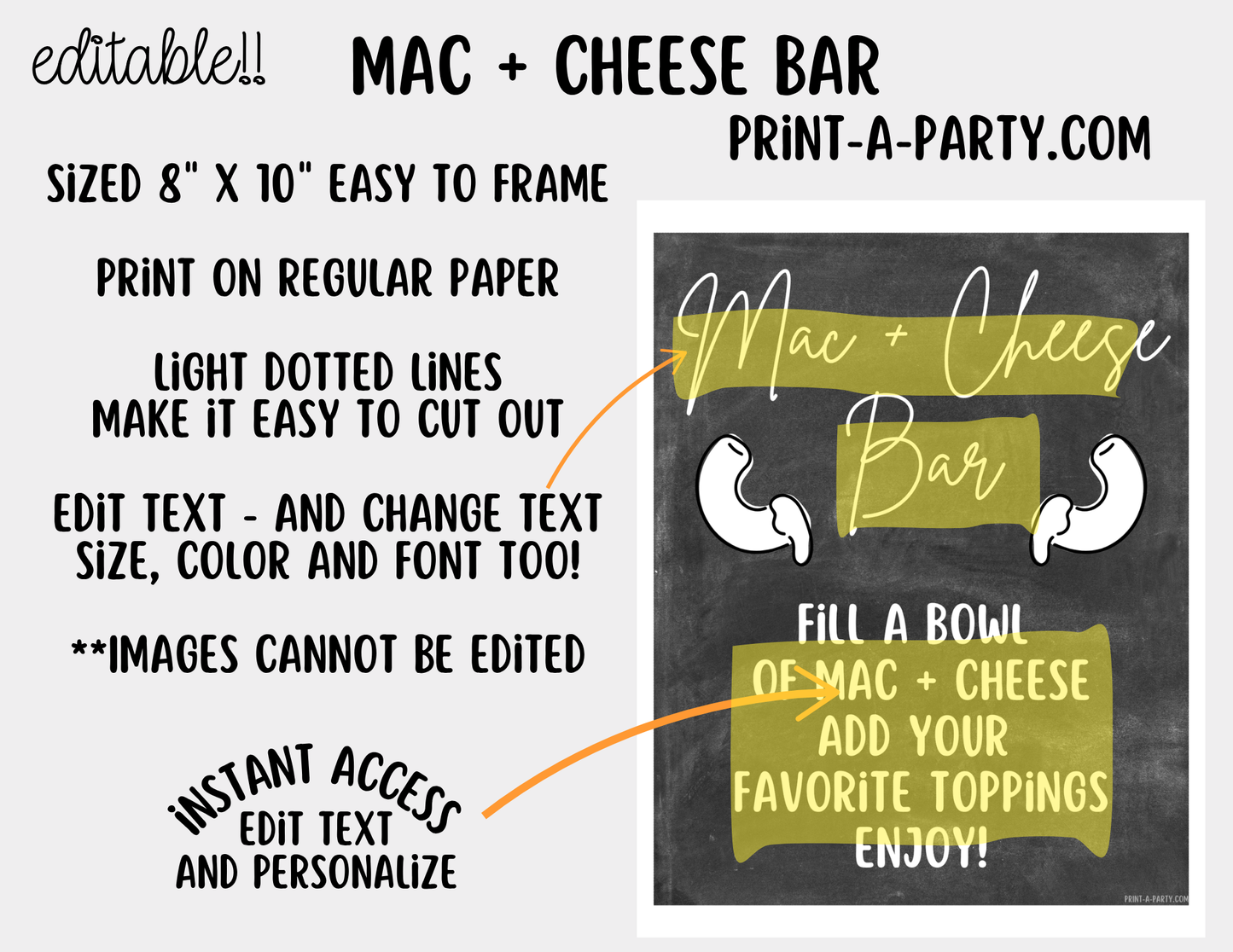 Editable Mac and Cheese Bar Printable Sign (8x10) and Topping Tent Cards - Printable Food Station for Parties and Events