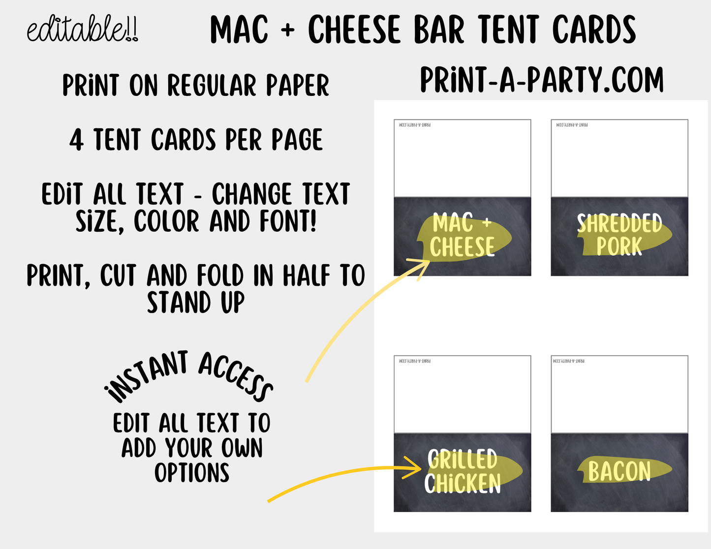 Editable Mac and Cheese Bar Printable Sign (8x10) and Topping Tent Cards - Printable Food Station for Parties and Events