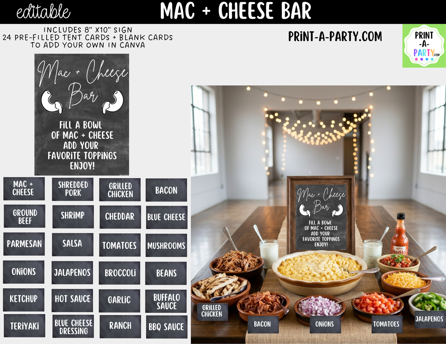 Editable Mac and Cheese Bar Printable Sign (8x10) and Topping Tent Cards - Printable Food Station for Parties and Events