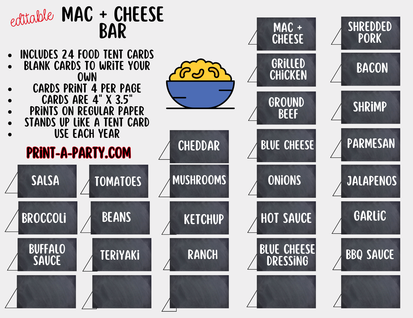 Editable Mac and Cheese Bar Printable Sign (8x10) and Topping Tent Cards - Printable Food Station for Parties and Events