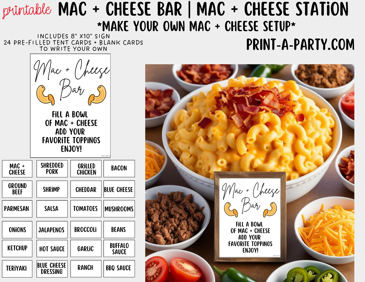 Mac and Cheese Bar - Printable Sign & Toppings Tent Cards - Perfect for Birthdays, Buffets, Showers, Parties, or Holidays