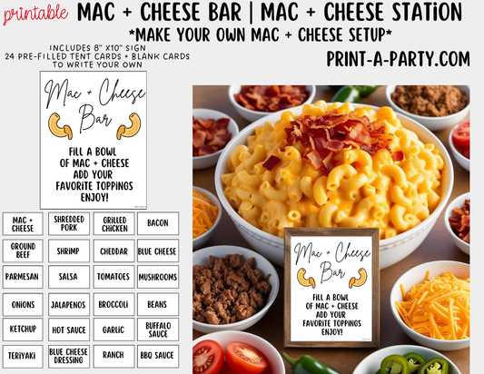 Mac and Cheese Bar - Printable Sign & Toppings Tent Cards - Perfect for Birthdays, Buffets, Showers, Parties, or Holidays