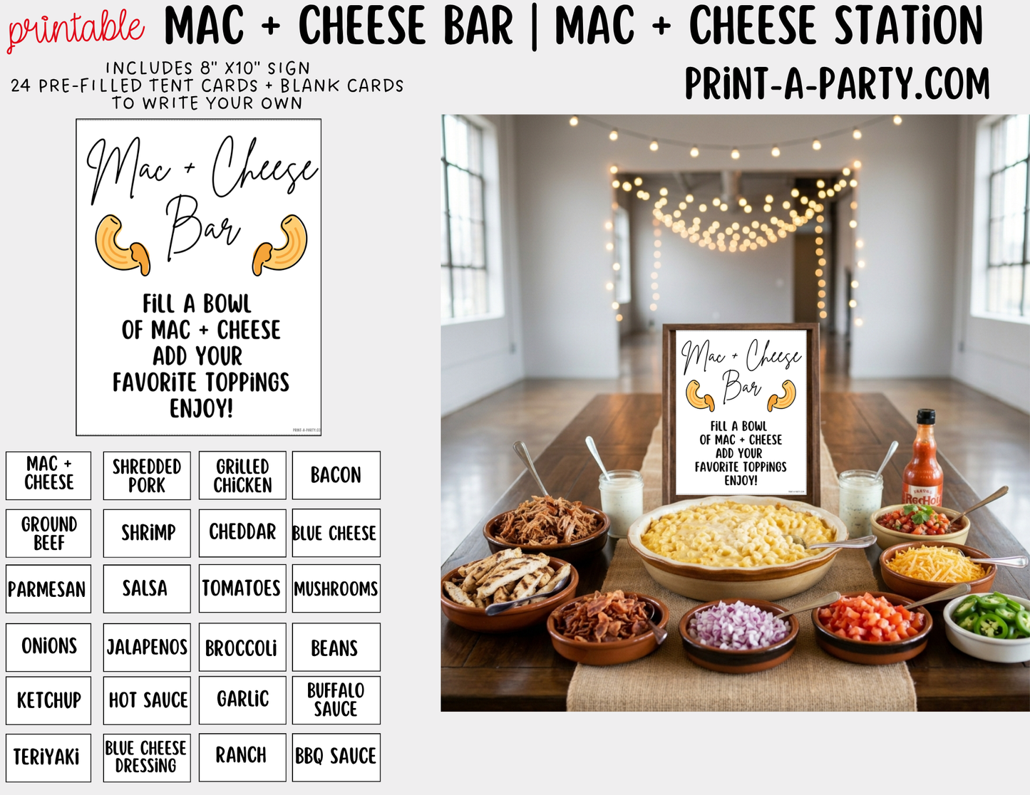 Mac and Cheese Bar - Printable Sign (8x10) & Toppings Tent Cards - For Party Buffets
