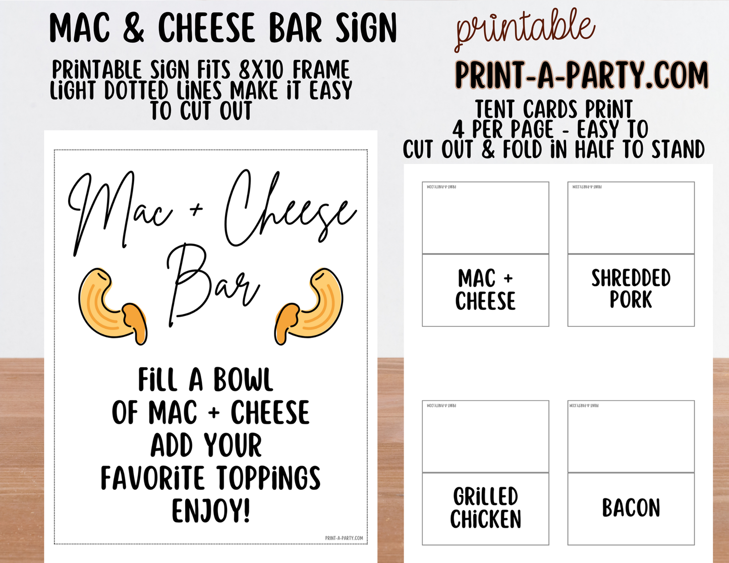 Mac and Cheese Bar - Printable Sign & Toppings Tent Cards - Perfect for Birthdays, Buffets, Showers, Parties, or Holidays