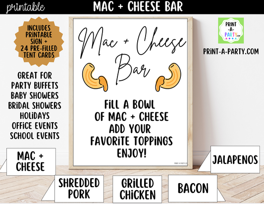 Mac and Cheese Bar - Printable Sign (8x10) & Toppings Tent Cards - For Party Buffets