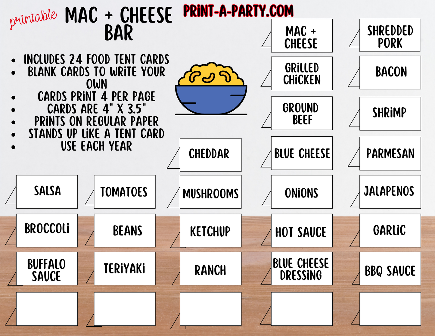 Mac and Cheese Bar - Printable Sign (8x10) & Toppings Tent Cards - For Party Buffets