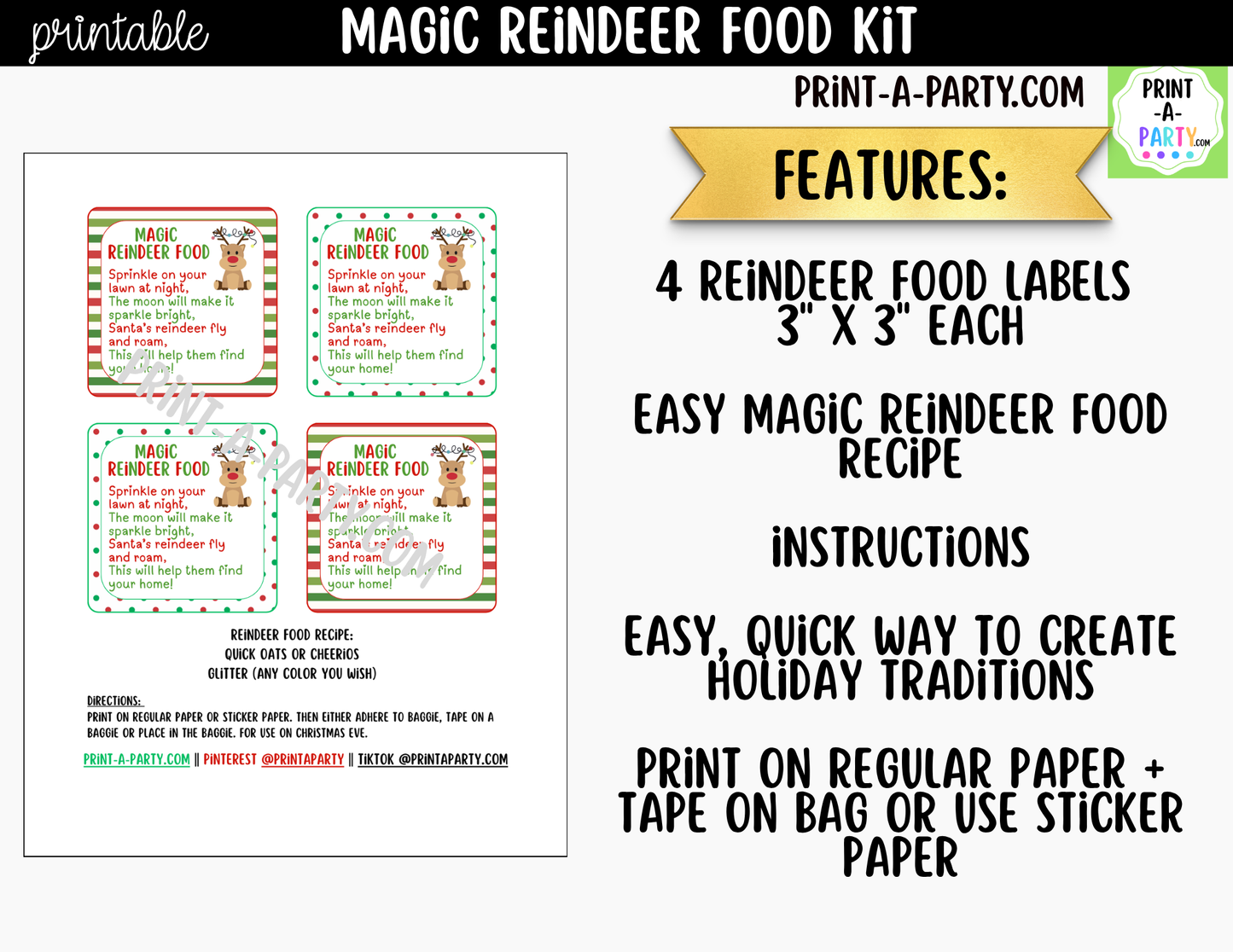 Magic Reindeer Food Kit Printable | Labels, Recipe & Instructions