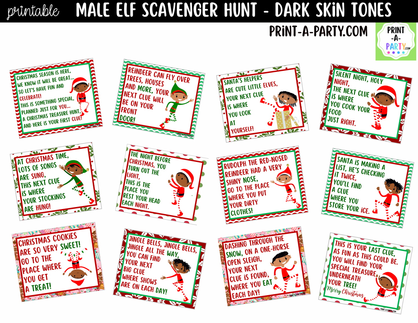 Printable Christmas Elf Scavenger Hunt - Male Elf with Dark Skin Tone Clue Cards for Kids