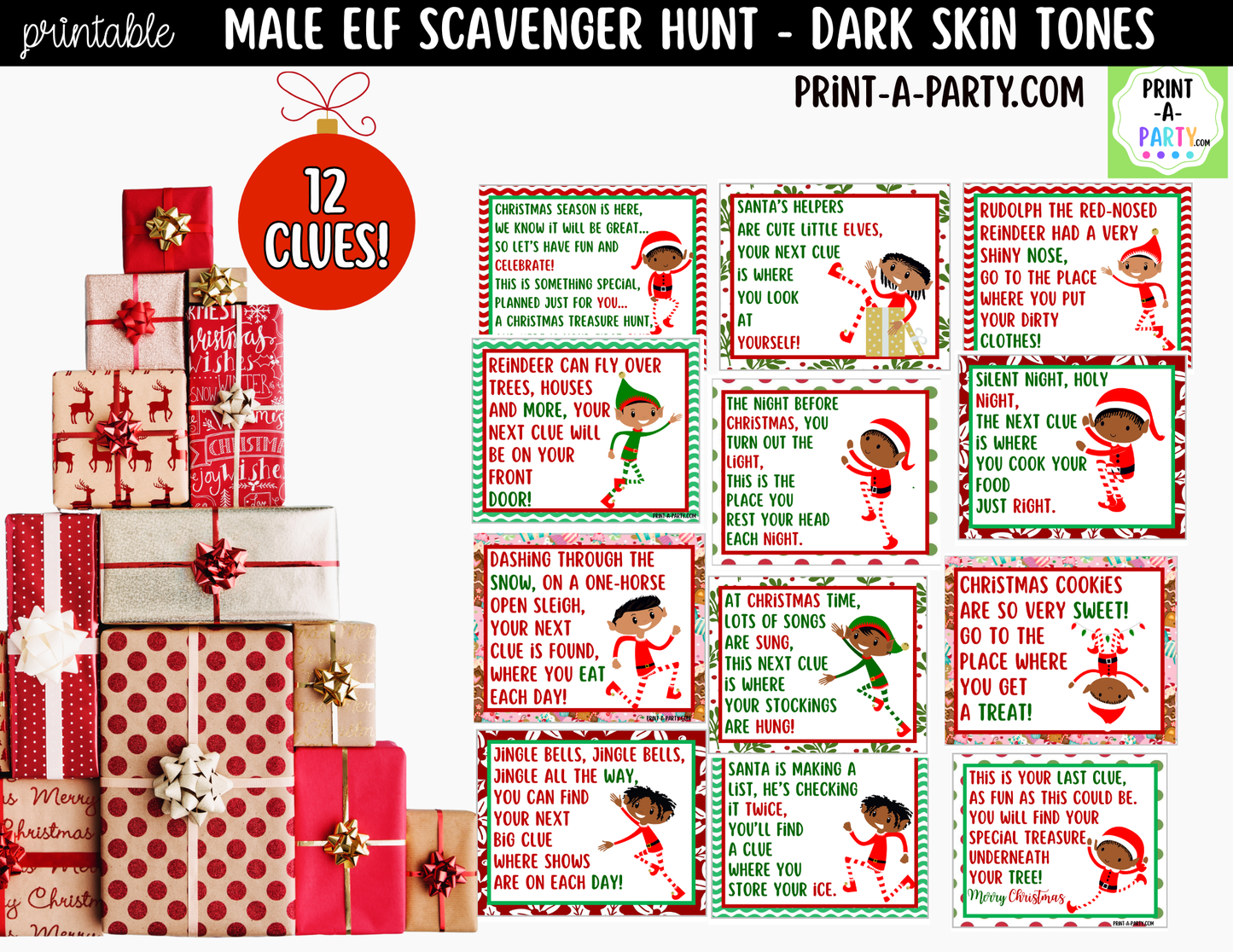 Printable Christmas Elf Scavenger Hunt - Male Elf with Dark Skin Tone Clue Cards for Kids