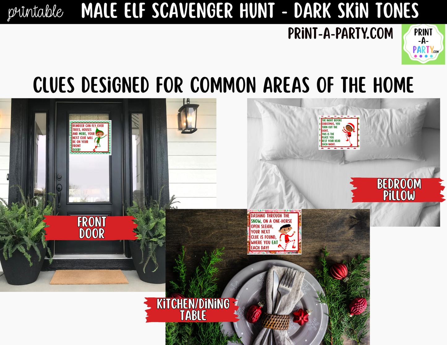 Printable Christmas Elf Scavenger Hunt - Male Elf with Dark Skin Tone Clue Cards for Kids