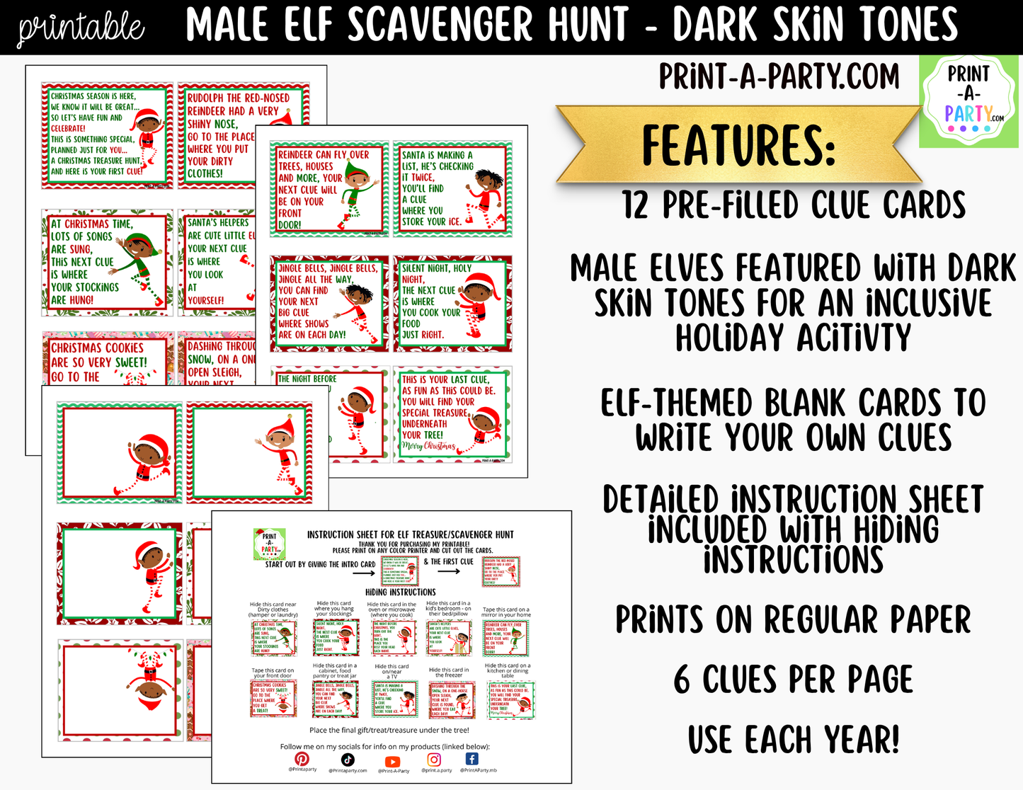 Printable Christmas Elf Scavenger Hunt - Male Elf with Dark Skin Tone Clue Cards for Kids