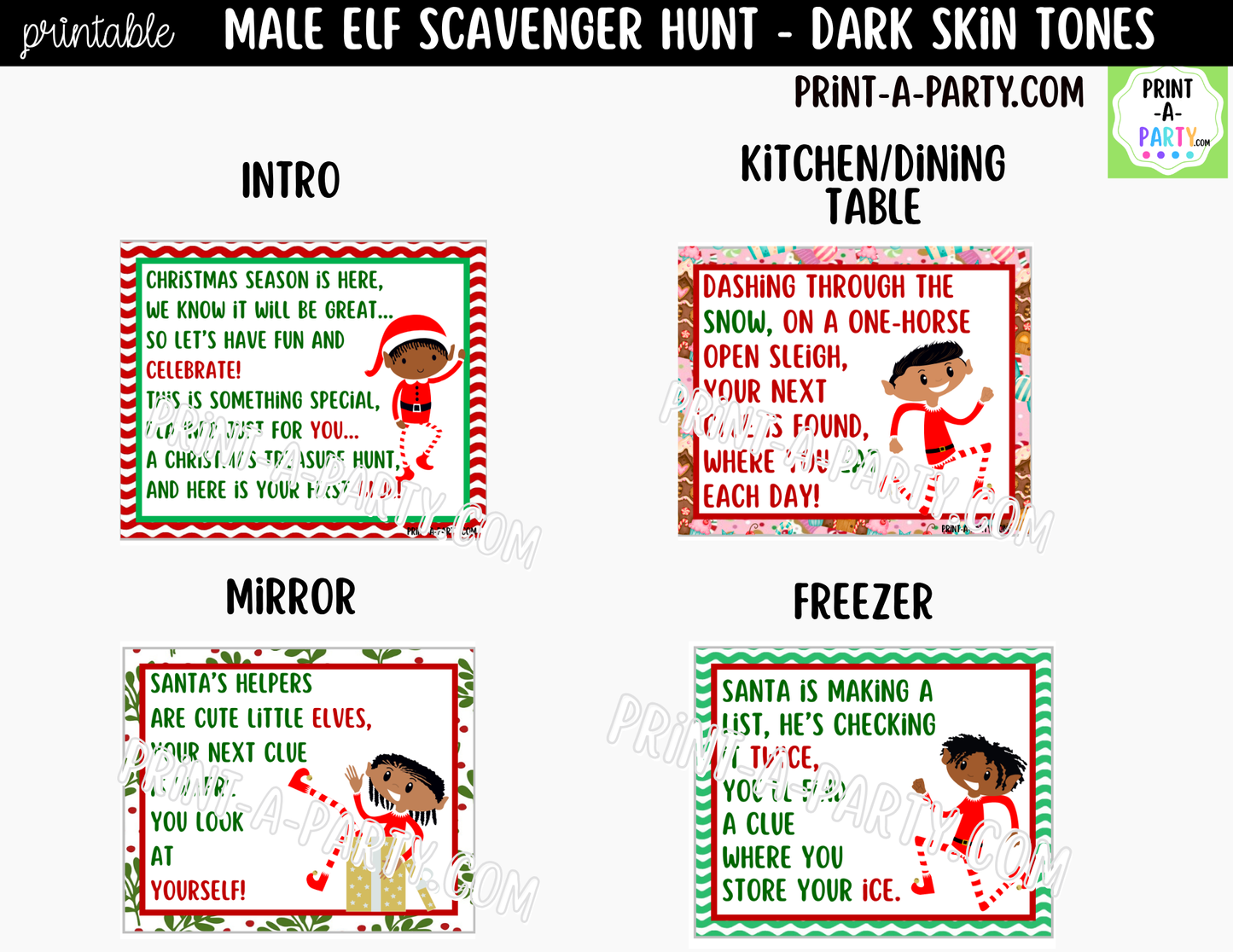 Printable Christmas Elf Scavenger Hunt - Male Elf with Dark Skin Tone Clue Cards for Kids