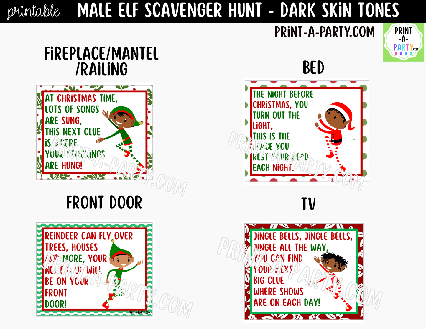 Printable Christmas Elf Scavenger Hunt - Male Elf with Dark Skin Tone Clue Cards for Kids