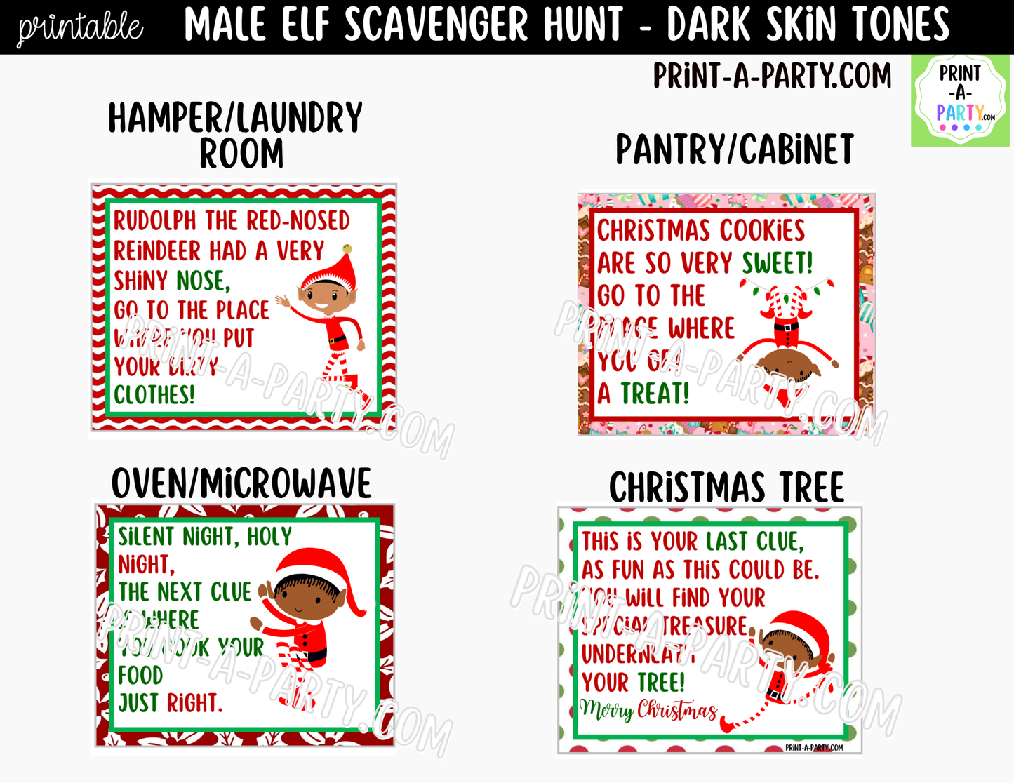 Printable Christmas Elf Scavenger Hunt - Male Elf with Dark Skin Tone Clue Cards for Kids