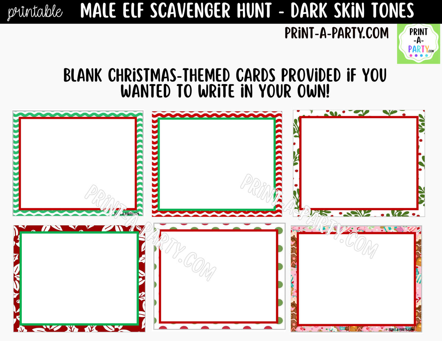 Printable Christmas Elf Scavenger Hunt - Male Elf with Dark Skin Tone Clue Cards for Kids