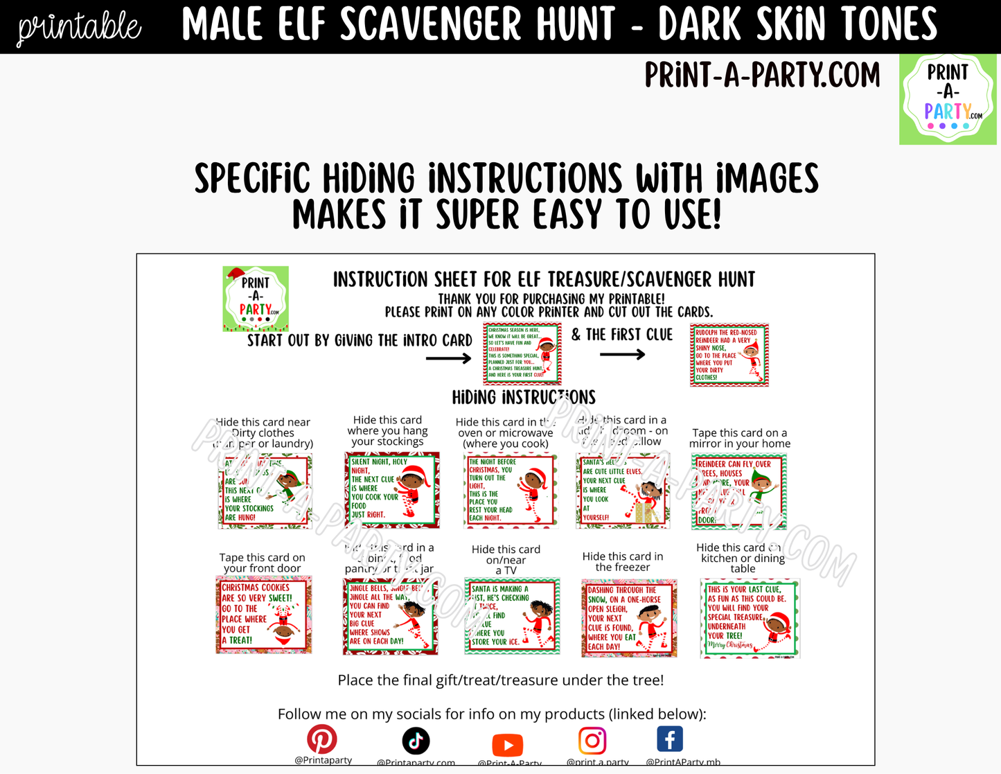 Printable Christmas Elf Scavenger Hunt - Male Elf with Dark Skin Tone Clue Cards for Kids