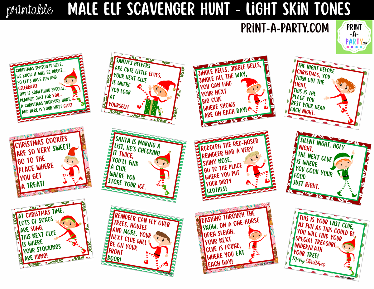 Printable Christmas Elf Scavenger Hunt - Male Elf with Light Skin Tone Clue Cards for Kids