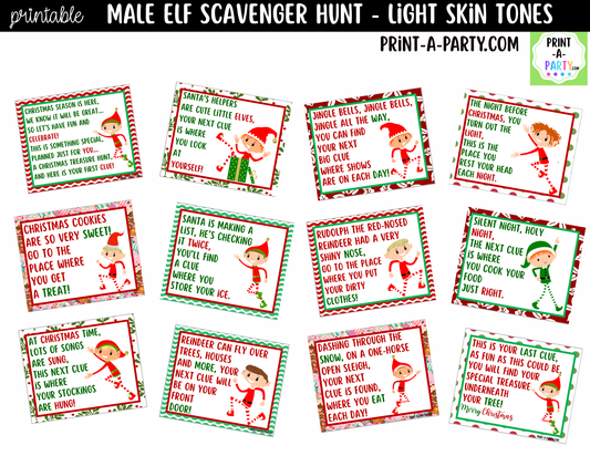 Printable Christmas Elf Scavenger Hunt - Male Elf with Light Skin Tone Clue Cards for Kids