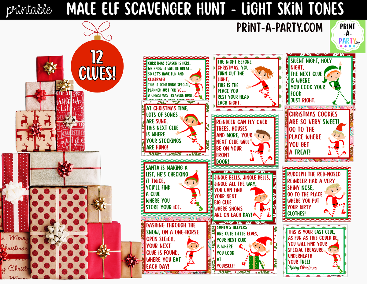 Printable Christmas Elf Scavenger Hunt - Male Elf with Light Skin Tone Clue Cards for Kids