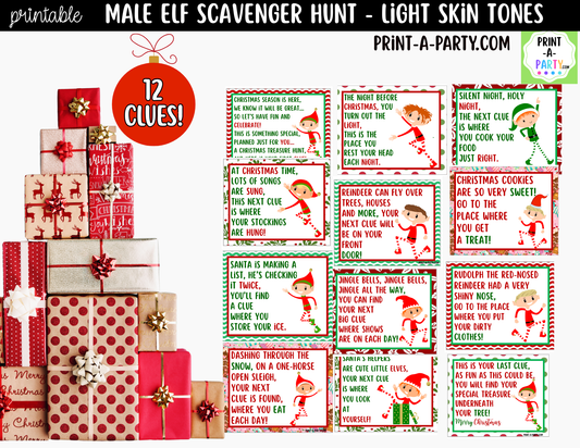 Printable Christmas Elf Scavenger Hunt - Male Elf with Light Skin Tone Clue Cards for Kids