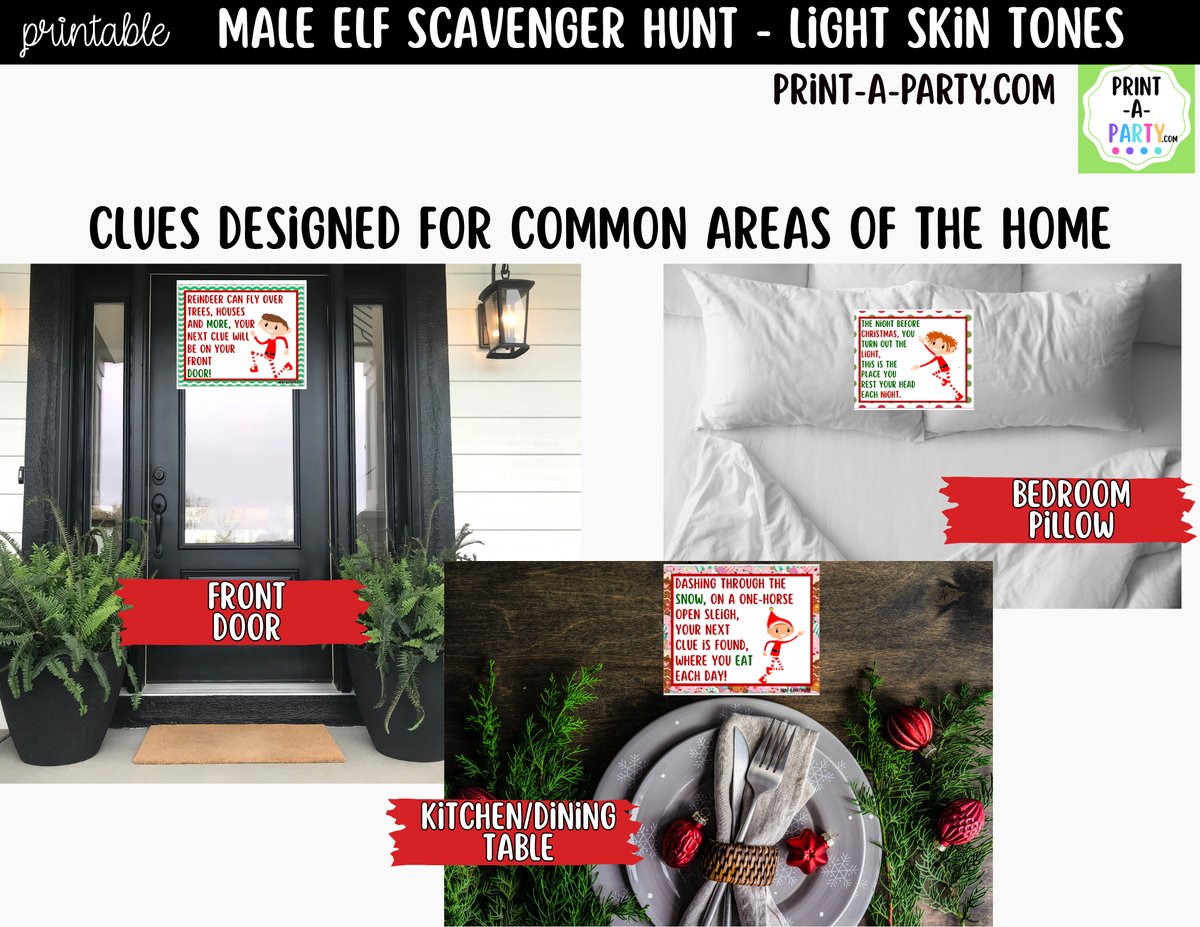 Printable Christmas Elf Scavenger Hunt - Male Elf with Light Skin Tone Clue Cards for Kids