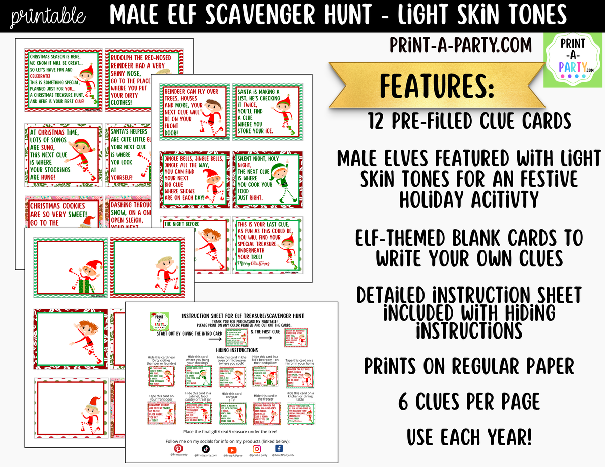 Printable Christmas Elf Scavenger Hunt - Male Elf with Light Skin Tone Clue Cards for Kids