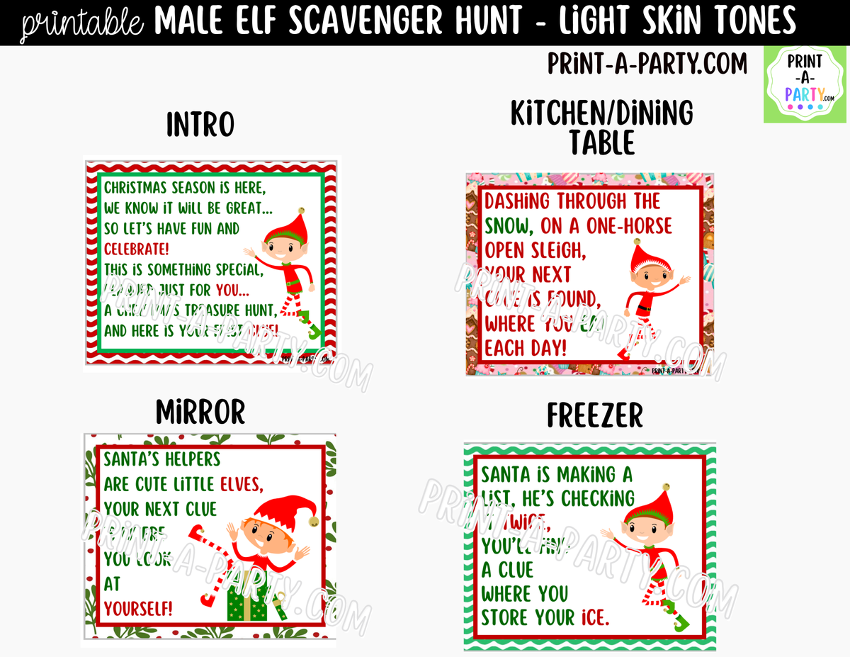 Printable Christmas Elf Scavenger Hunt - Male Elf with Light Skin Tone Clue Cards for Kids