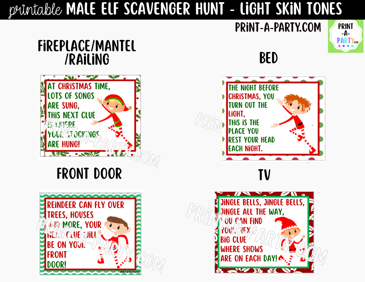 Printable Christmas Elf Scavenger Hunt - Male Elf with Light Skin Tone Clue Cards for Kids