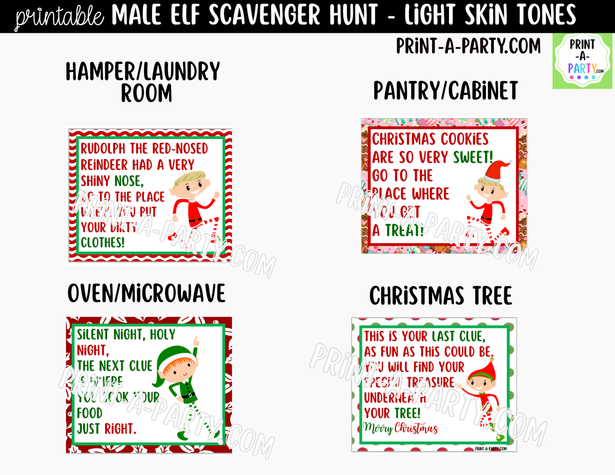 Printable Christmas Elf Scavenger Hunt - Male Elf with Light Skin Tone Clue Cards for Kids